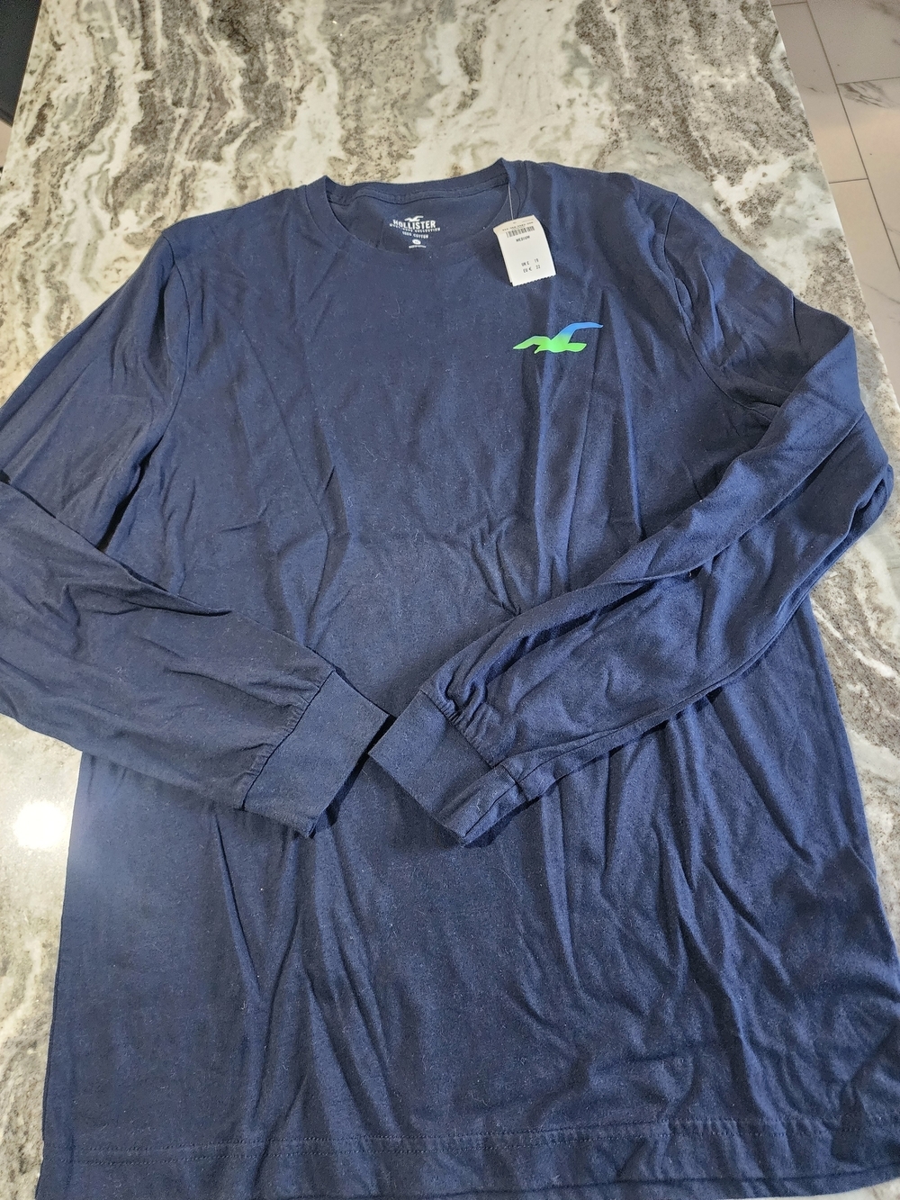 Hollister Men's Navy Long Sleeve Tee with Lime Logo